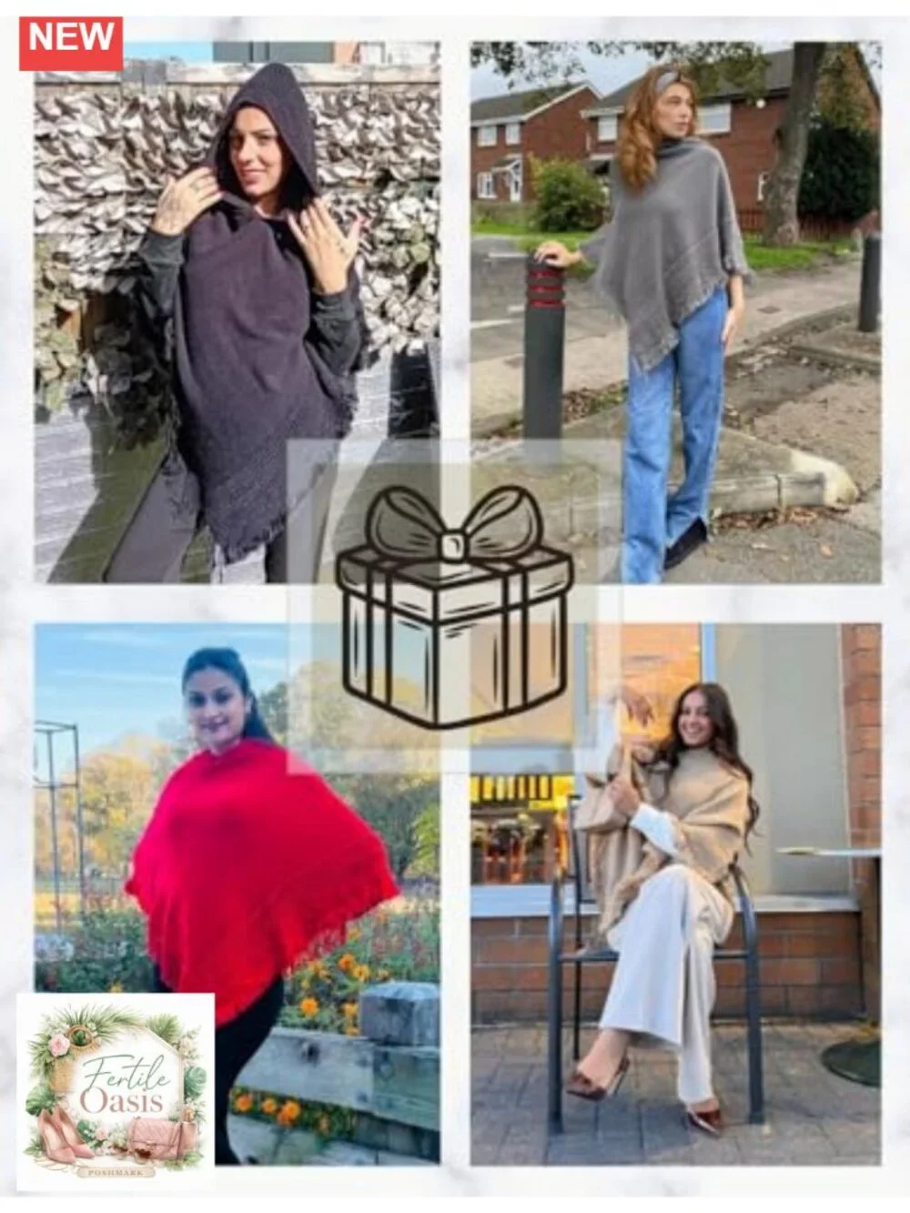 Lightweight Hooded Knit Poncho Wrap with Fringe Acrylic Cape